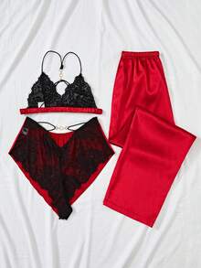 Conjunto De Pijama De 3 Piezas / Juego Con Camiseta De Tirantes De Encaje, Pantalones Cortos Y Pantalones De Satén, Con Botones Decorativos - Burdeos - Ver 2