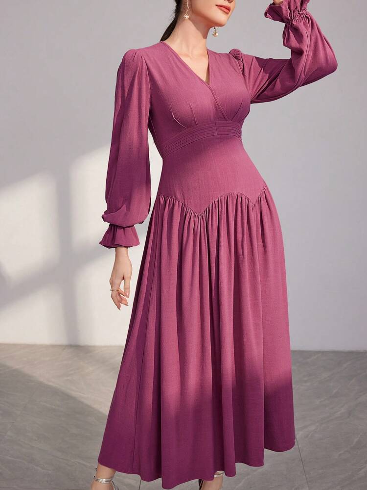 Women's Solid Color Ruffle Sleeve Cinched Waist Dress Long Evening Dresses