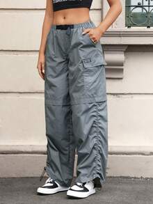 SHEIN EZwear Women's Gray Woven Cargo Pants With Pockets - Grey - View 4