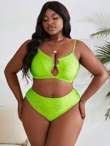 SHEIN Swim Curve Kích thước lớn Ink Splash In Xu hướng: Cắt giảm Bộ Bikini Đối với Bơi lội - màu xanh lá - Xem 5