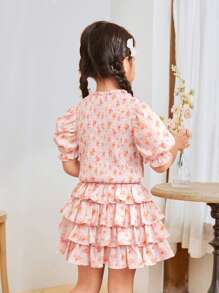 SHEIN Young Girl Casual Puff Sleeve Top With Stand Collar, 2pcs/Set - Pink - View 2