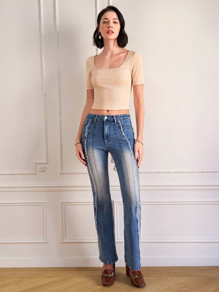 Women's Patchwork Frayed Hem Skinny Jeans Blue