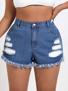 SHEIN EZwear Plus Size Frayed Hole Design Denim Mini Shorts Without Elasticity