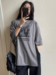 DAZY Women's Vintage Pattern Loose T-Shirt Summer Oversized T-Shirt,Graphic Tees - Grey - View 7