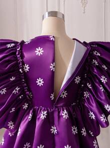 SHEIN Cô gái Tween Dệt In hoa Viền Ruffle Sự phối hợp Đầm giản dị - Màu tím - Xem 8