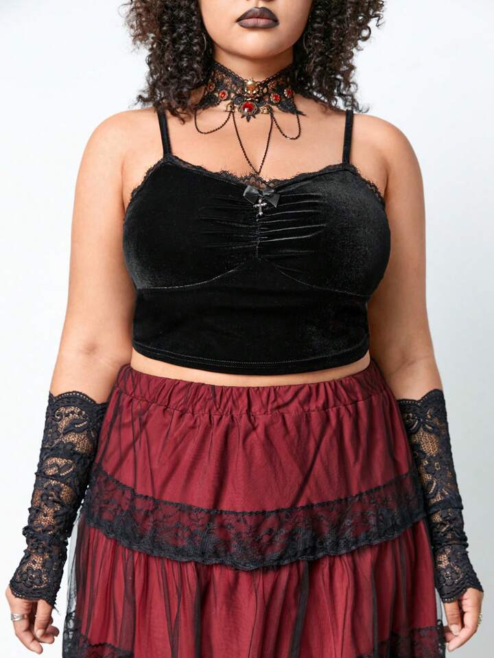 Our Goth Plus Size Women's Velvet Drawstring Pleated Lace