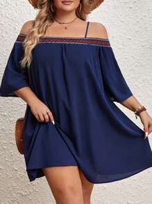 SHEIN VCAY Plus Size Woven Strap Patchwork Dress - Blue - View 3