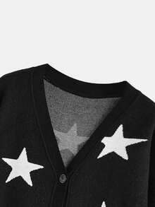 ROMWE PUNK 女式大尺碼星星圖案紐帶前落肩開襟衫 - 黑與白 - 查看 4