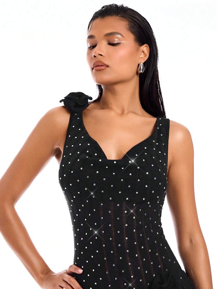 Embellished Ruched 3d Flower Texture Dress With Ruffle Hem And Rhinestones