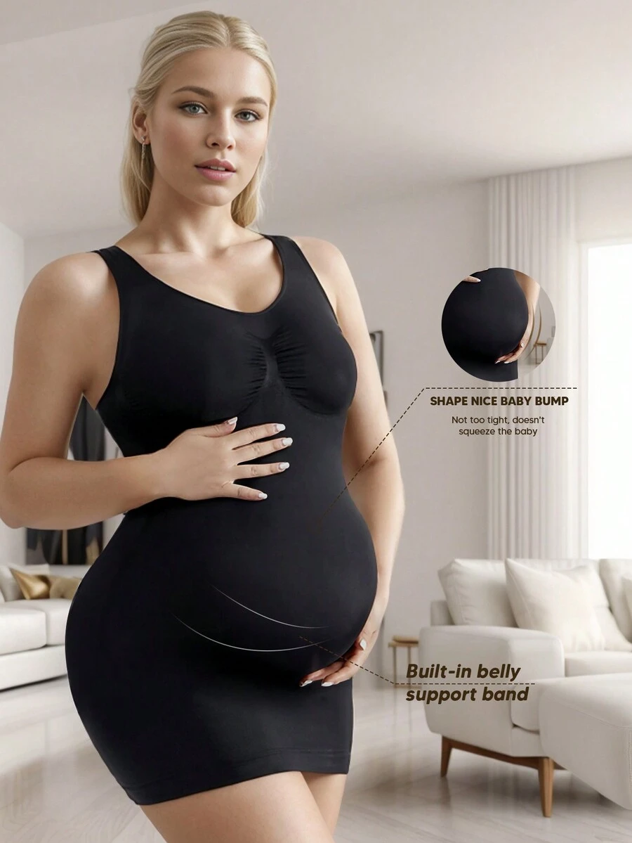 Maternity Seamless High-Elasticity Soft Skin-Friendly Tank Top With Belly Support - Black - View 1