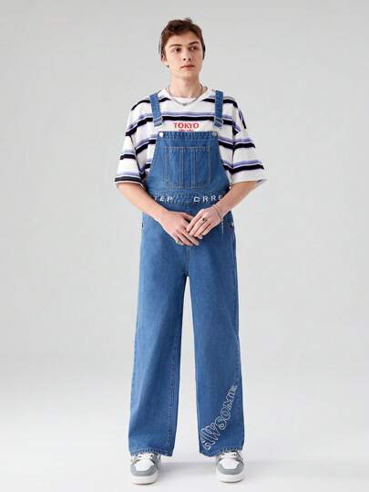 青少年男孩街頭風格印花寬腳牛仔背帶褲