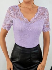 SHEIN Privé Ladies' Romantic Purple Lace Bodysuit With V Neckline And Sheer Details