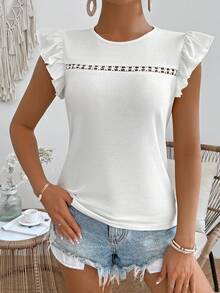 SHEIN VCAY 圓領寬鬆t恤,配以荷葉邊設計 - 白色 - 查看 3