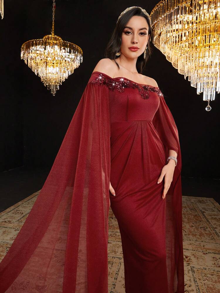 Burgundy Red Women's Off Shoulder Cape Sleeve Bodycon Dress Long Evening Dresses