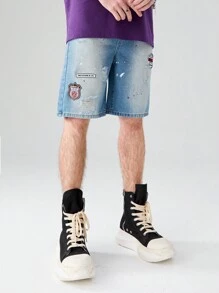 Teen Boy's Cool Streetwear Retro Wash Half Elastic Waistband Denim Shorts With Patch Details - Light Wash - View 3