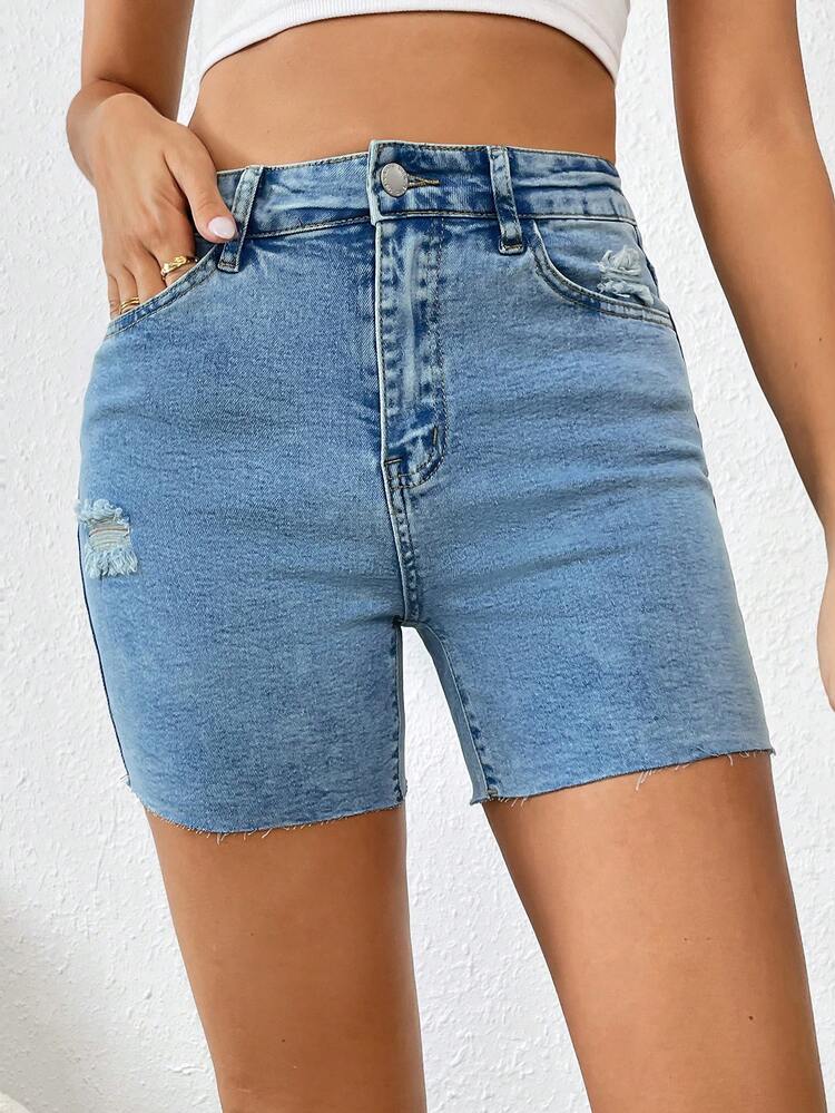 Shorts En Jean Déchiré Extensible Décontracté À Taille Haute Pour Femme En Bleu