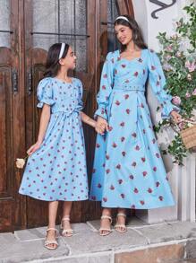 SHEIN Tween Girls' Sweetheart Collar, Puff Sleeve, Decorative Button, Ditsy Floral Printed Dress