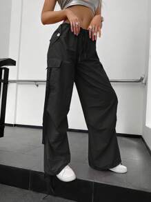 Street Vibes 90s Flap Pocket Drawstring Hem Cargo Parachute Trousers - Black - View 6
