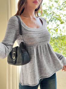 SHEIN EZwear Women's Oversized Round Neck Babydoll Sweater - Grey - View 3