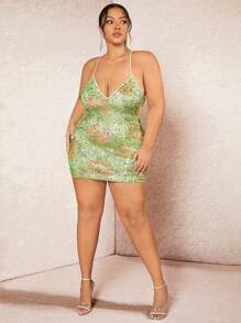 SHEIN BAE Plus Size Women's Floral Print Strappy Back Glitter Detail Cami Dress - Multicolor - View 6