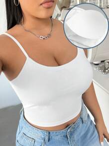 SHEIN EZwear Kích thước lớn Trắng Độ co giãn Cao Dệt kim Áo ba lỗ Với Có thể tháo rời Miếng đệm áo ngực Và Dây đeo vai có thể điều chỉnh - trắng - Xem 1