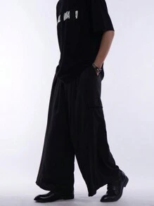 Manfinity EMRG Nam Màu Trơn Thời Trang Quần Ống Rộng Thích Hợp Cho Trang Phục Hàng Ngày Oversize Dài Loe Đen Trơn Đi Chơi - màu đen - Xem 3