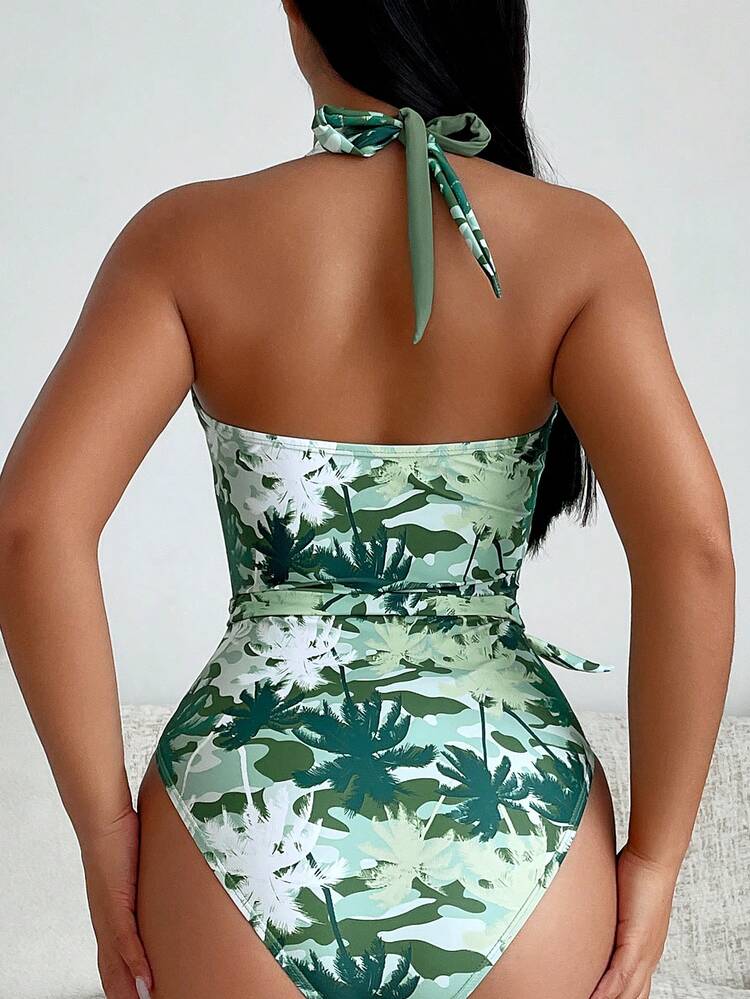 Summer Random Printed Deep V-Neck Backless Halter One-Piece Swimsuit