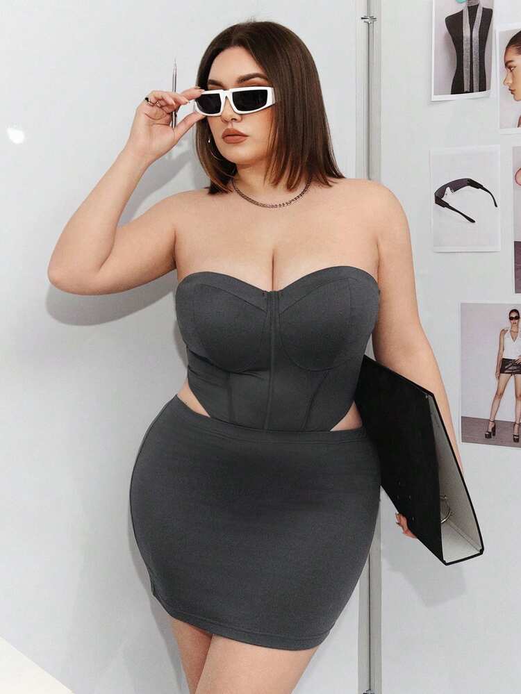 Plus Size Women's Strapless Top And Bodycon Skirt Set