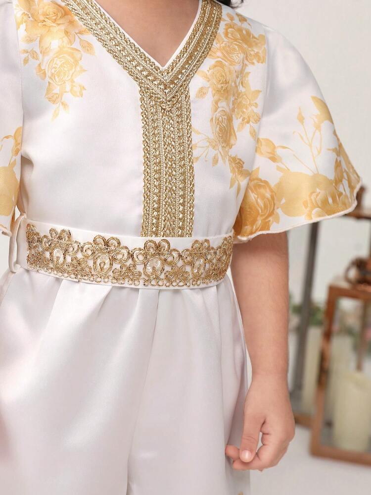 Young Girls' Cute V-Neck Palace Print Jumpsuit With Ruffle Sleeves And Weave Decorative Belt