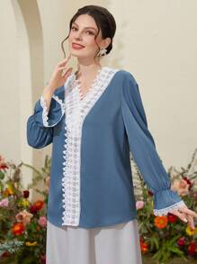 Mulvari Solid Color Lace Splicing Lantern Sleeve Shirt
