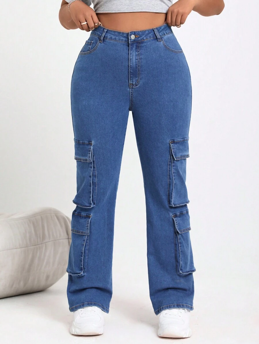 SHEIN EZwear Plus Size High Elasticity Solid Color Cargo Denim Jeans - Blue - View 1