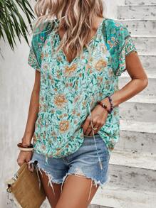 SHEIN Unity Floral Print Tie Neck Blouse - Green - View 5