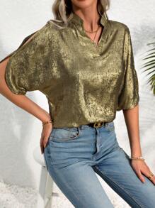 SHEIN LUNE Blusa Con Mangas Con Abertura Y Cuello Con Muescas - Dorado - Ver 5