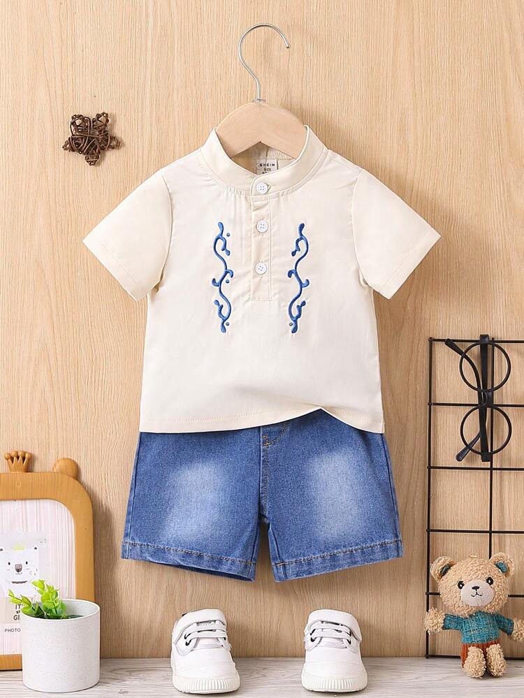 2pcs/Set Spring Summer Baby Boy Fashionable Letter Embroidery Short Sleeve Top & Denim Shorts Set
