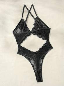 SHEIN 女式花卉蕾丝镂空交叉露背紧身衣，坏蛋造型