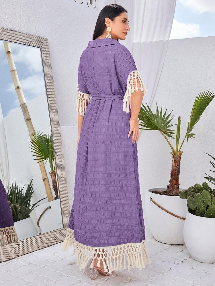 Women's Color Block Fringe Decorated Button Detail Dress