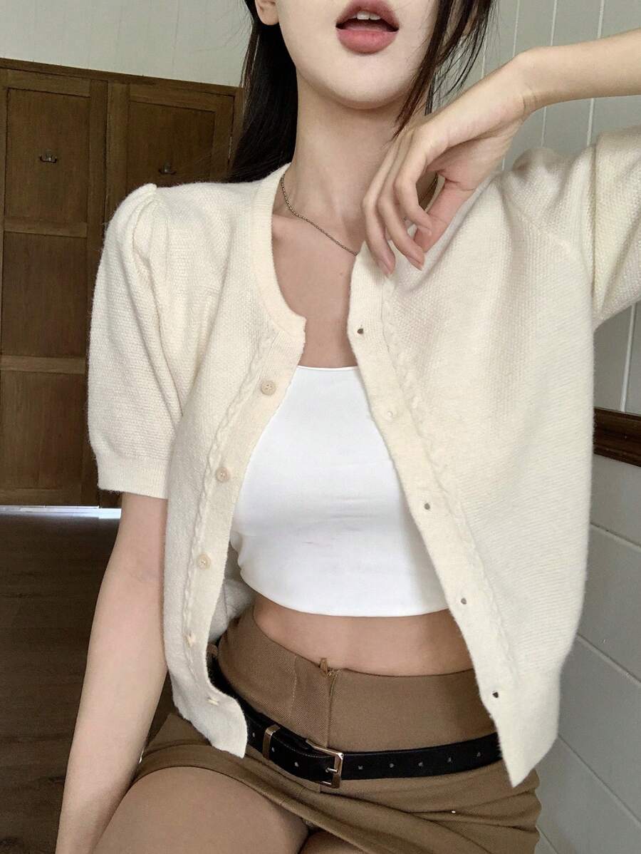 DAZY 女款短袖針織外套 - 米色 - 查看 1