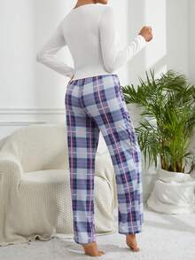 女士純色圓領長袖格紋褲睡衣套裝