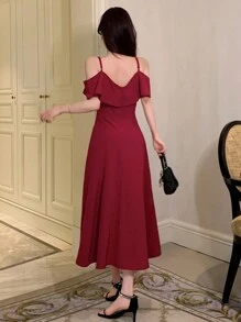 DAZY 露肩荷叶边开衩连衣裙 舞会礼服 吊带裙 红色女装 优雅女装