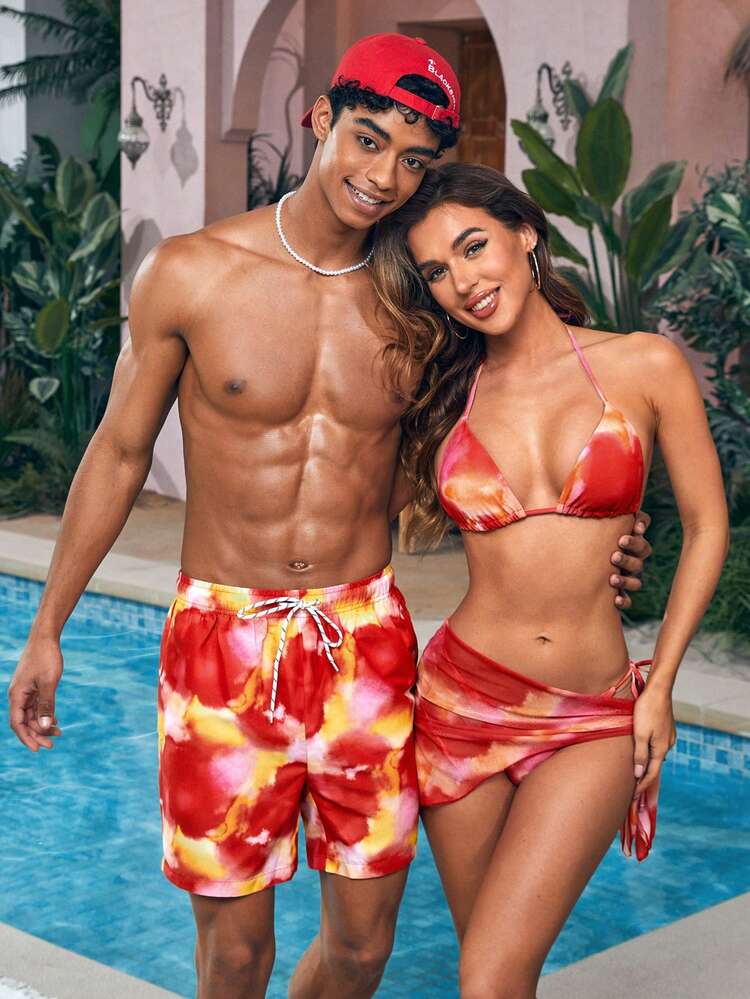 Men'S Drawstring Waistband Tie-Dye Print Beach Shorts