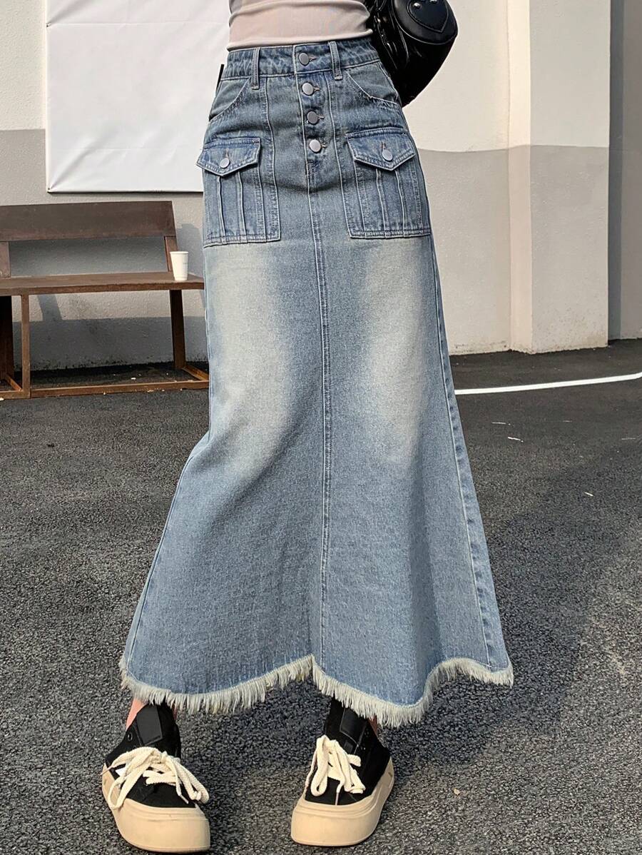 DAZY Women's Denim Skirt With Frayed Hem And Pocket Design - Blue - View 1