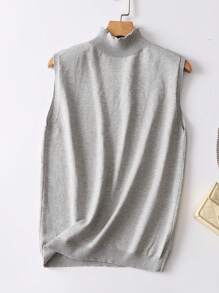 Chiquease Top Sin Mangas De Punto De Cuello Alto Y Color Sólido - Gris Claro - Ver 4