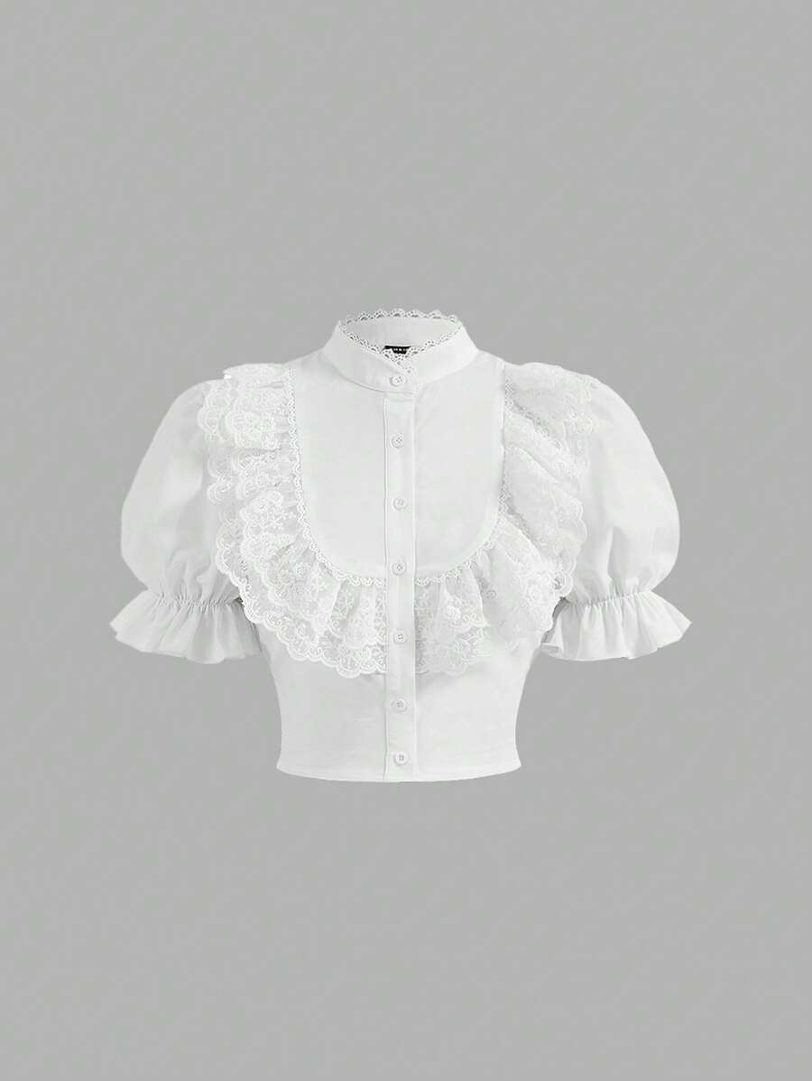 SHEIN MOD Quý cô Trắng Áo sơ mi Với Thêu , Ren Và - trắng - Xem 1