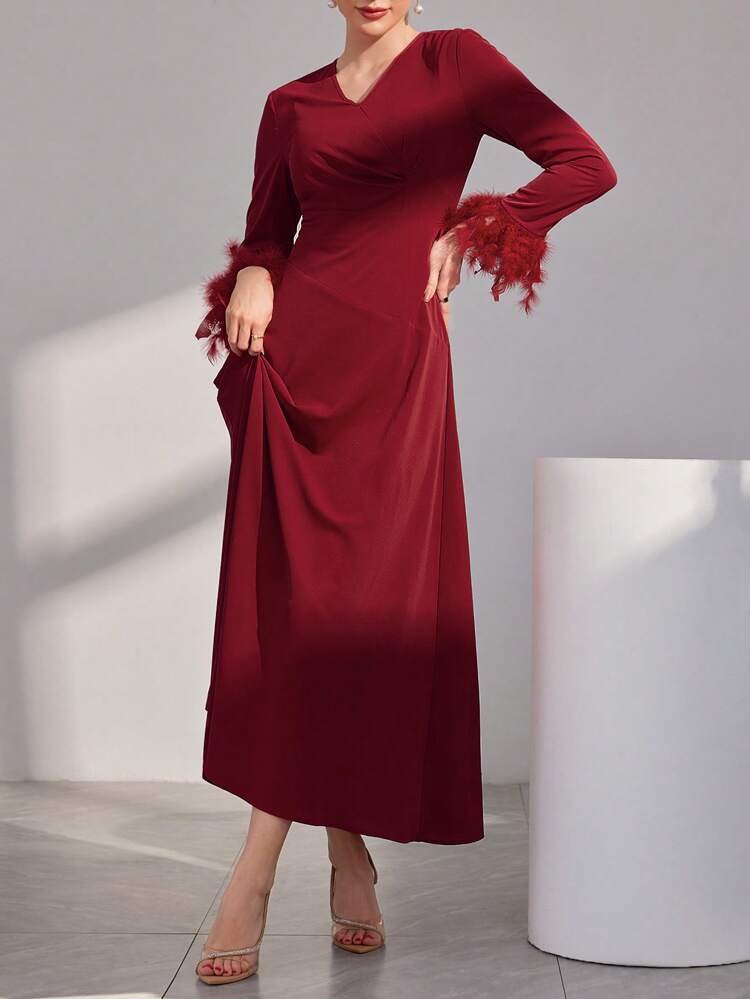 Burgundy Red Women's Feather Patchwork Fur Cuff Arabic Style Dress,Elegant Evening Party Dress Long Evening Dresses