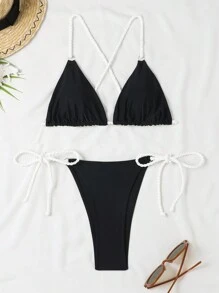 SHEIN Swim 夏季女士露背彩色饰边比基尼套装 - 黑與白 - 查看 4