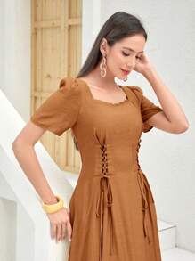 Mulvari Của phụ nữ Ngắn tay Đầm Với Eo Buộc - màu nâu - Xem 4