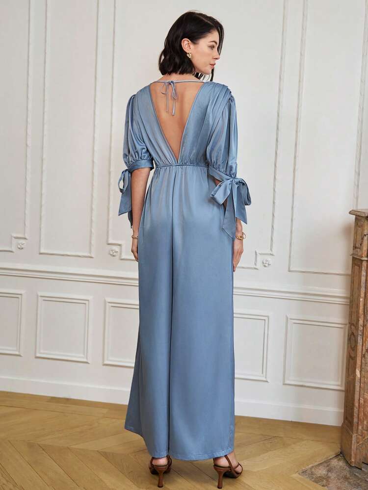 Pleated Jumpsuit With Stretchy Fabric Summer Elegant Blue