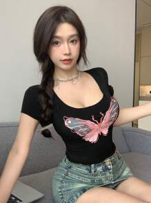 DAZY Women's Butterfly Printed Crew Neck T-Shirt - Black - View 7