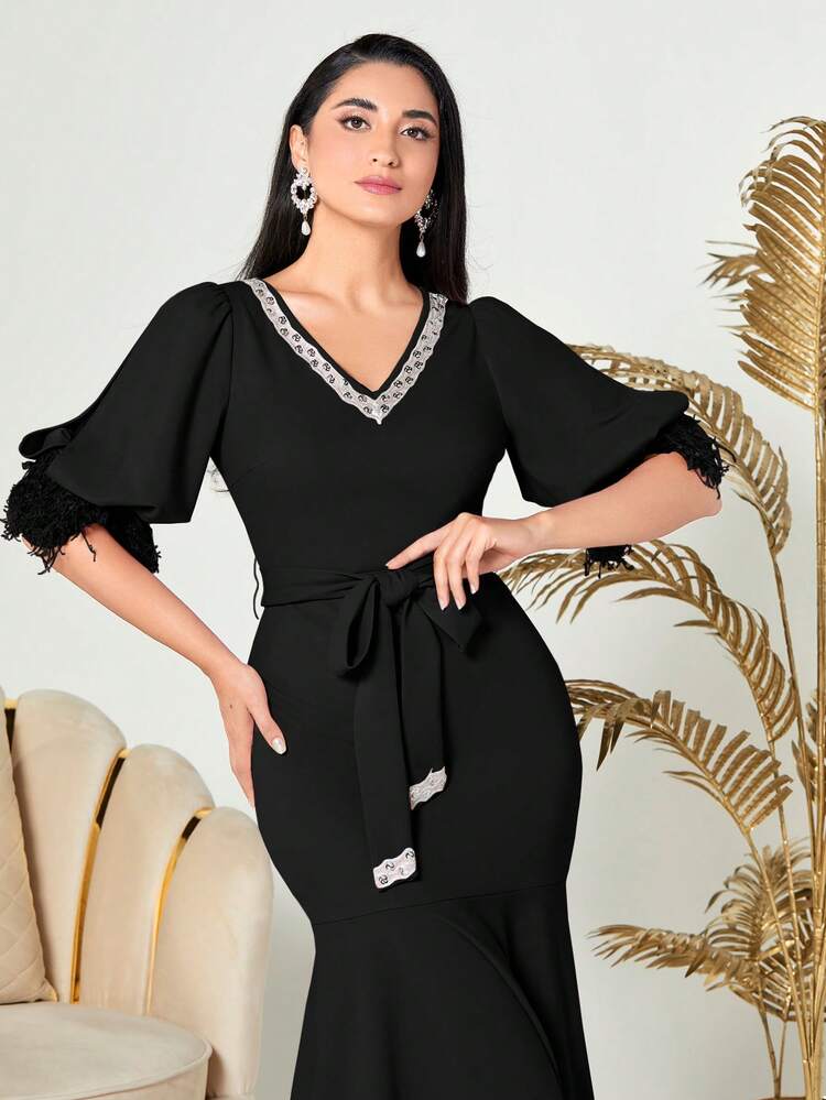 Women's Glittering Sequined Tape Splicing Fish Tail Dress Long Evening Dresses