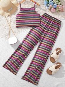 SHEIN Tween Girl Summer Striped Camisole Top And Tight Flared Pants Set - Multicolor - View 1